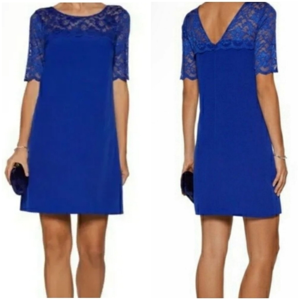 Badgley Mischka Belle Dress‎  Blue Lace Short Sleeve , Size 14